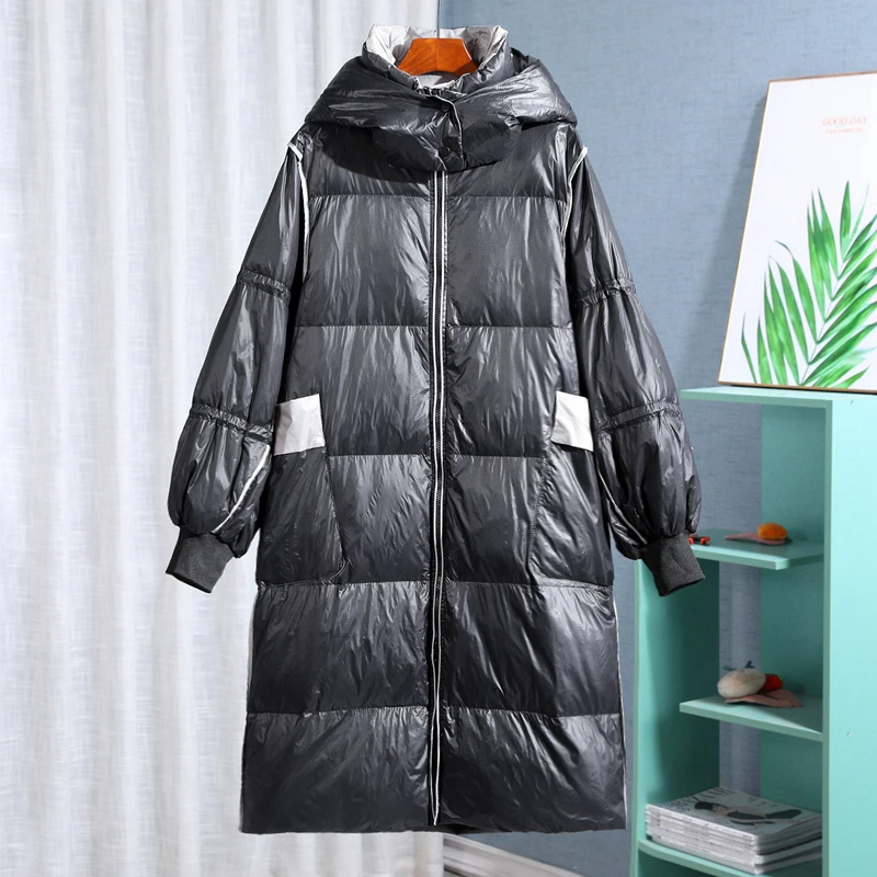 Standing Collar Hooded Loose Youth Straight Long White Duck Down Coat 2022 Winter New Fashion Down Jacket