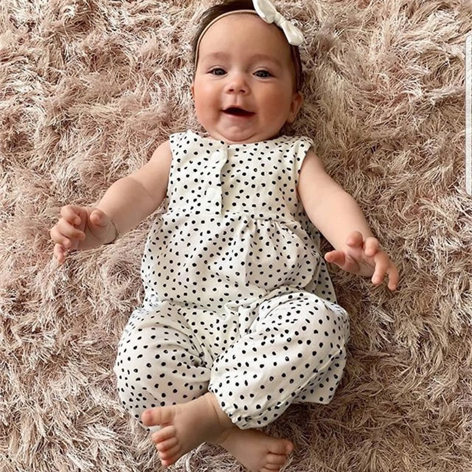 

Newborn Infant Baby Clothes Polka Dot Sleeveless Baby Boys Girls Summer Clothes Headbands Casual O-Neck Toddler Baby Rompers