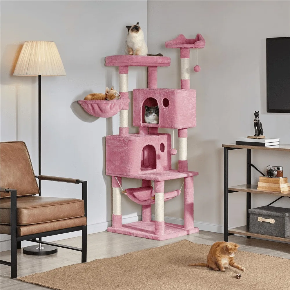 

Easyfashion 64 ''Многоуровневая башня для кошек с подставками и когтеточками, розовая башня для кошек, кошачьи деревья и башни