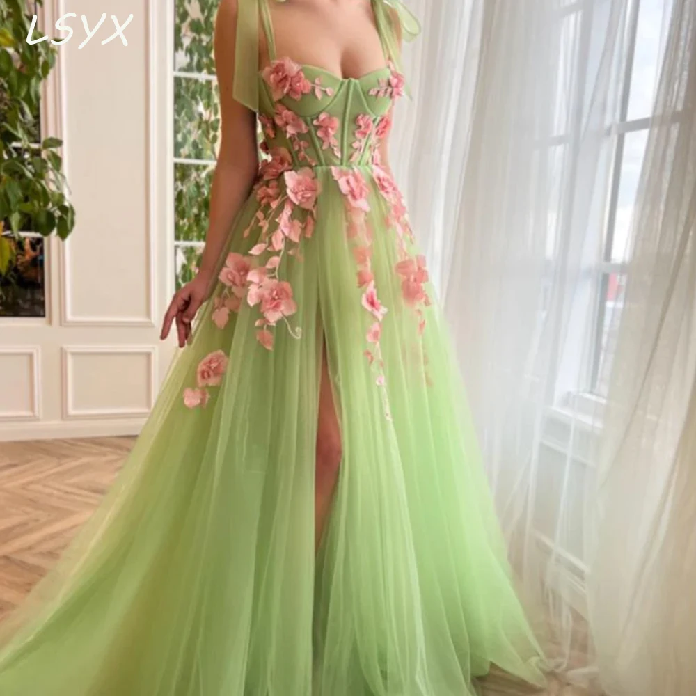 

LSYX Green Spaghetti Straps Evening Gown 2023 Applique Flowers A Line Backless Slit Simple Tulle Prom Dresses Robes De Soiree