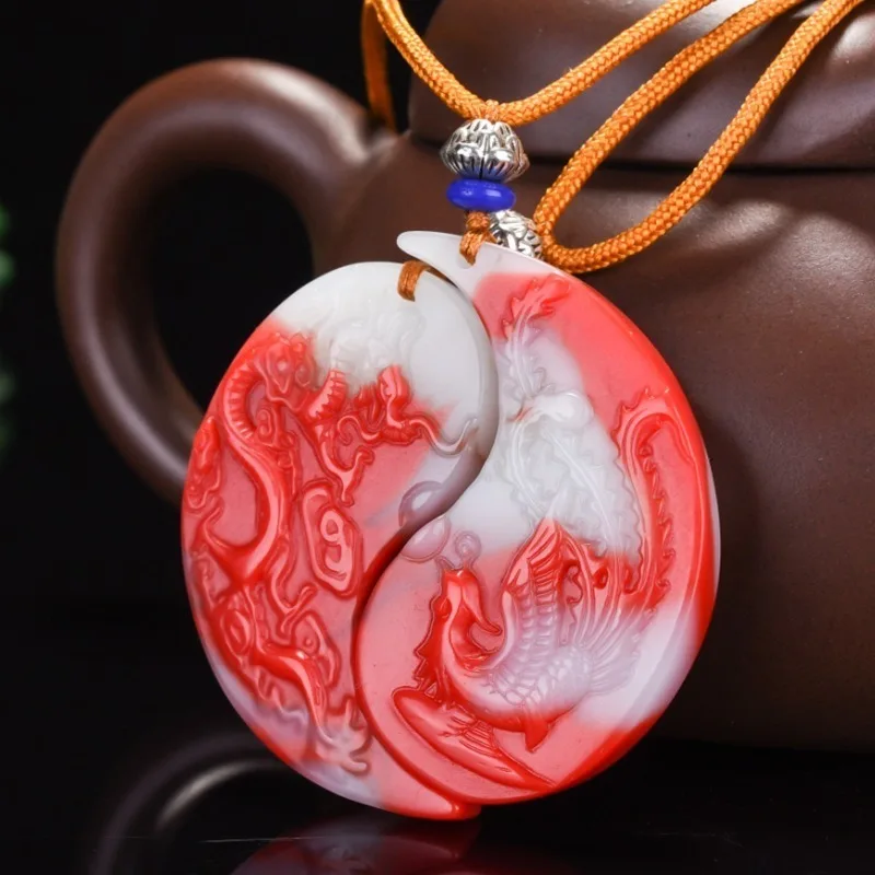 

Natural Color Jade Hand Carved Dragon and Phoenix with Pendant Fashion Boutique Jewelry Men's and Women's Color Necklace