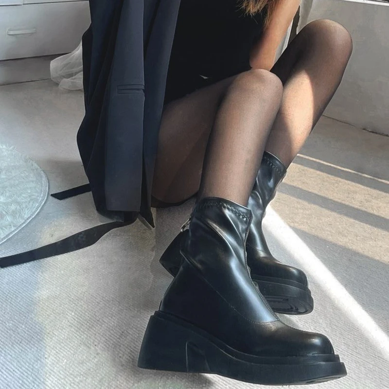 

Женские ботильоны с круглым носком, элегантные женские короткие ботинки из мягкой кожи на высоком каблуке, зимняя женская обувь в уличном стиле