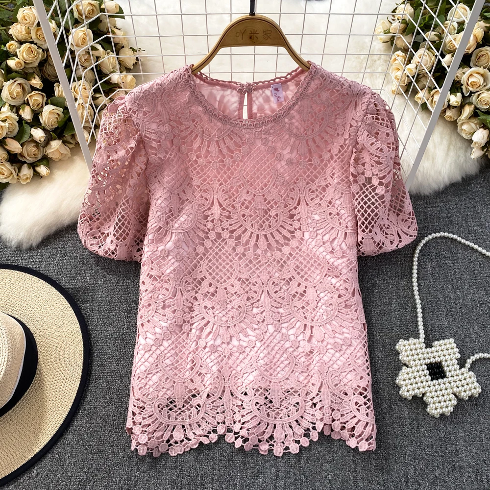 

Runway Summer Puff Short Sleeve Round Neck Hollow Out Loose Women's Clothing Solid Color Lace Slim Fashion Office Lady Tops
