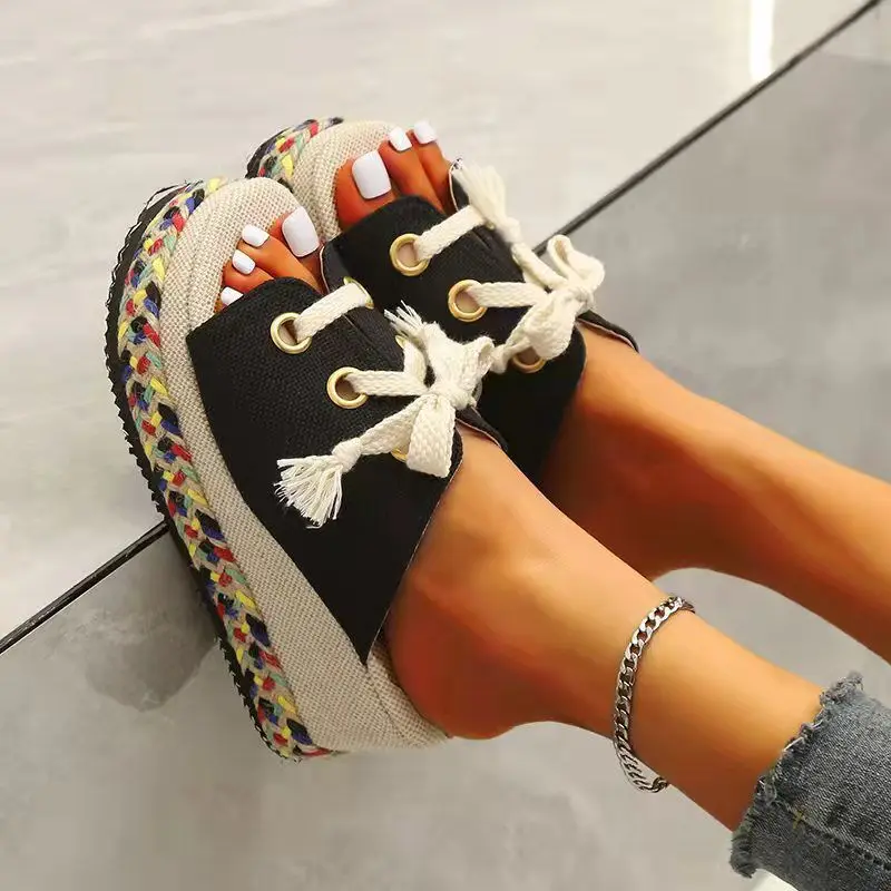 Women Sandals 2022 Summer Lace Up Slippers Height Increase Wedge Open Toe Straw Platform Sandalias Mujer |
