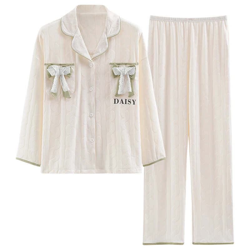 

Autumn Winter High-grade Pure Cotton Long Sleeve Women Lapel Pajama Set Lace Applique Cardigan Pyjamas 2piece Home Sleepwear