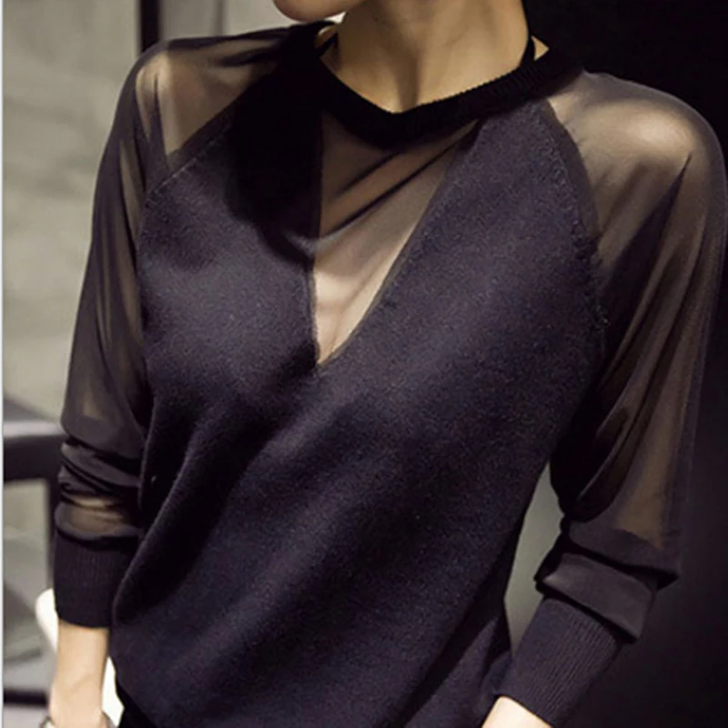 

Women's Sexy Black Perspective Net Yarn Long Sleeve Blouse Fashion Slim Ladies Female Tops Tees