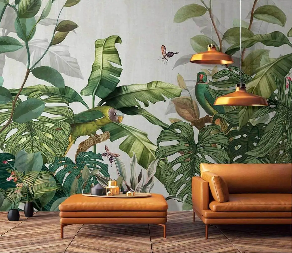 

beibehang Custom 3d wallpaper mural Nordic hand-painted tropical rainforest Southeast Asia jungle plants indoor background wall