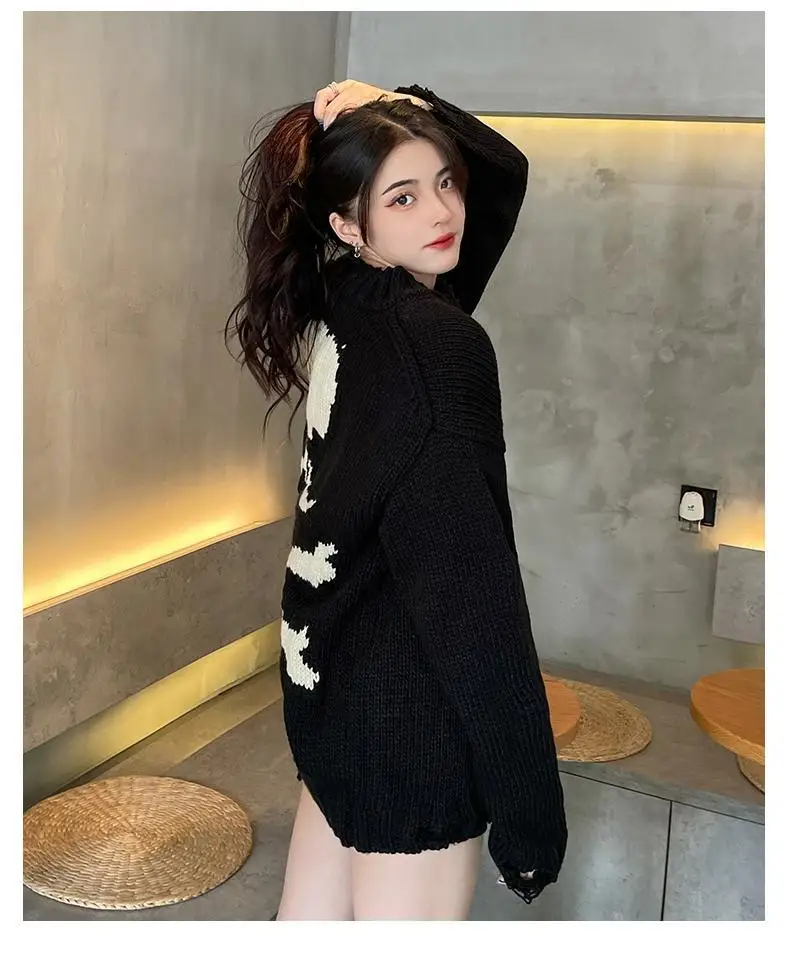 Женский вязаный свитер в стиле ретро Y2k Свободный пуловер с темным черепом модная