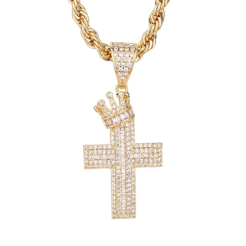 

Direct Sale Hip Hop 14k Gold Plated crown cross Zircon copper pendant charm