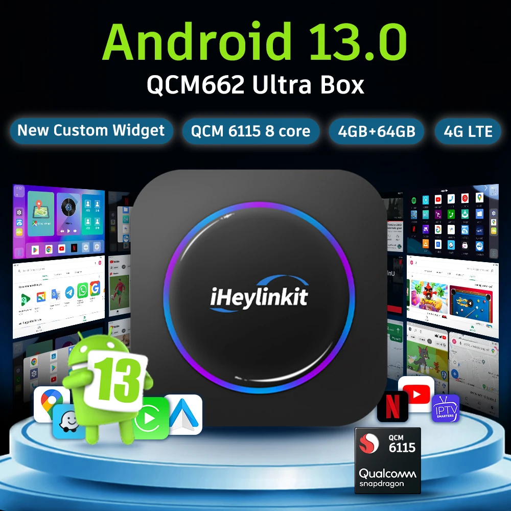 

IHeylinkit Android 13.0 беспроводной Carplay Android Авто Ai Box QCM662 8 ядер 4 + 64 Гб Встроенный GPS Netflix YouTube Google Play 4GLTE