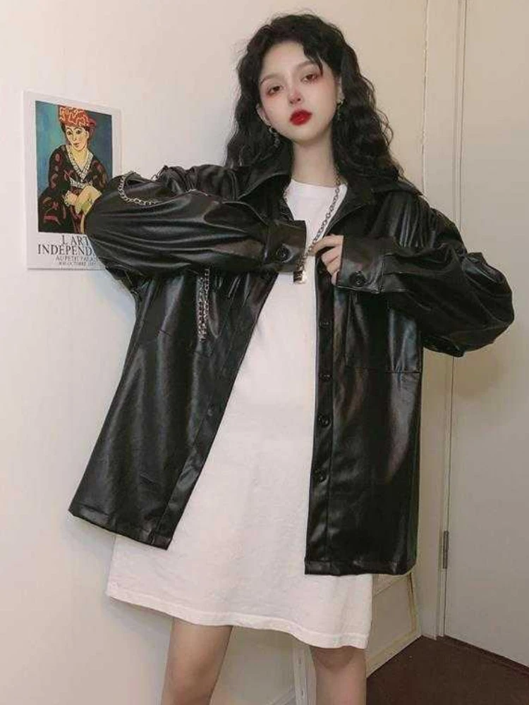 Autumn Black Women's Motorcycle Leather Jacket Korean Fashion Loose Thin Casual Biker Coat Outerwear Ladies Streetwear Chic Top