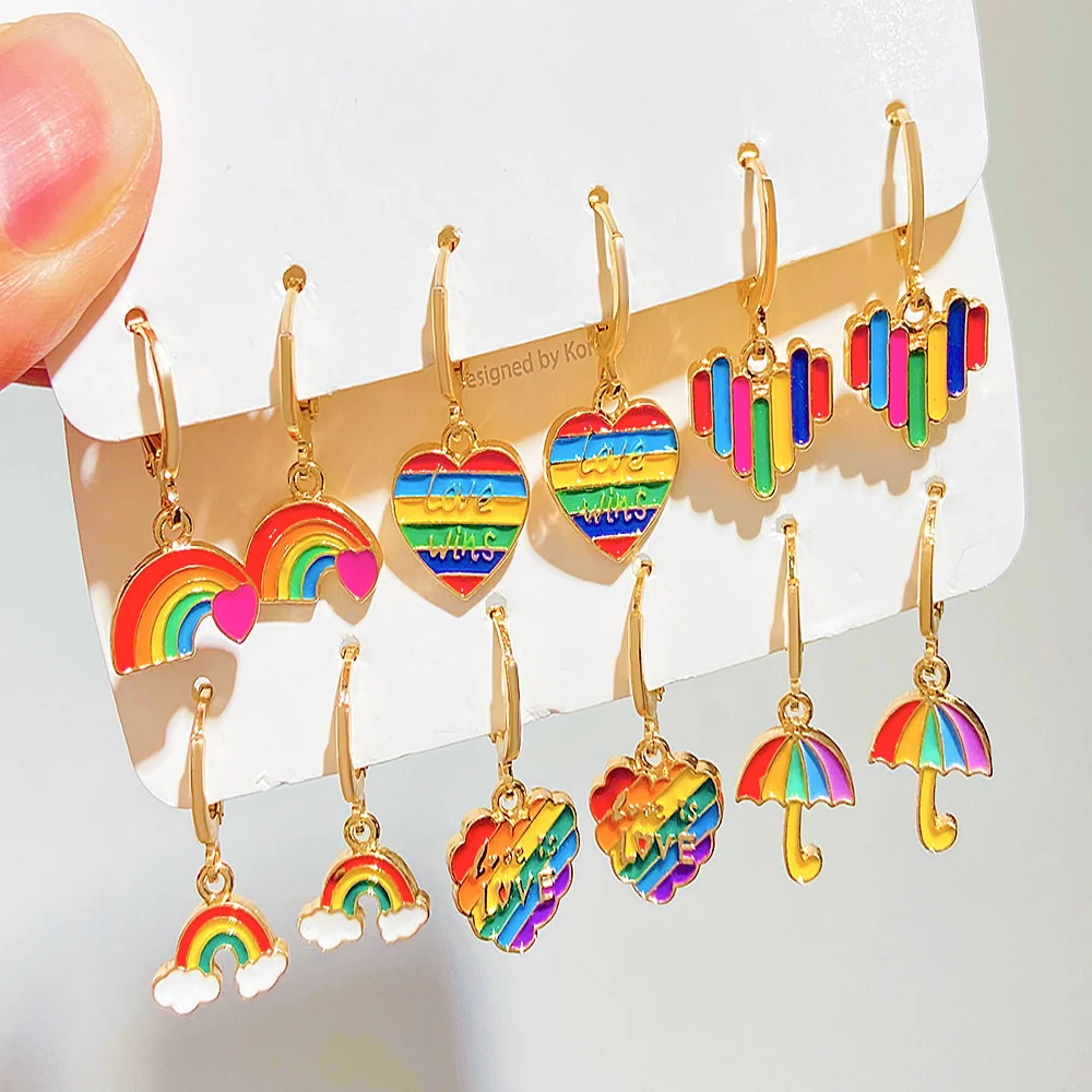 

New Rainbow Earring Set Combination Multi Designs Love Drops Earring For Girls Cute Boho Ethnic Oil Drip Dangle Gold Earrings