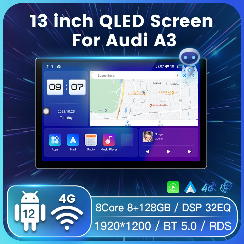 

13" QLED Screen 8Core 8+128G Car Car Radio Stereo For Audi RS3 Sportback A3 8P S3 2003-2012 GPS Navigation Double Din DSP RDS
