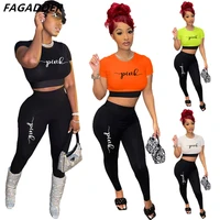 fagadore casual splicing legging pants two piece sets women pink letter print crop top and pants tracksuits female 2pcs outfits