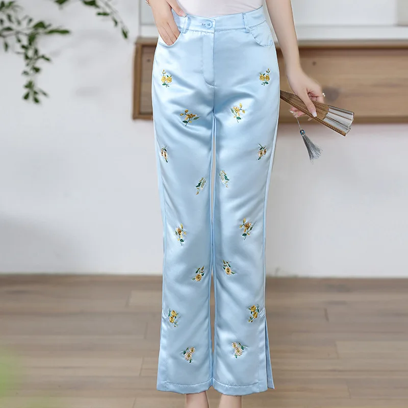 High-end women floral slim pants Chinese style vintage royal embroidery lady beautiful spring autumn trousers female S-XXL