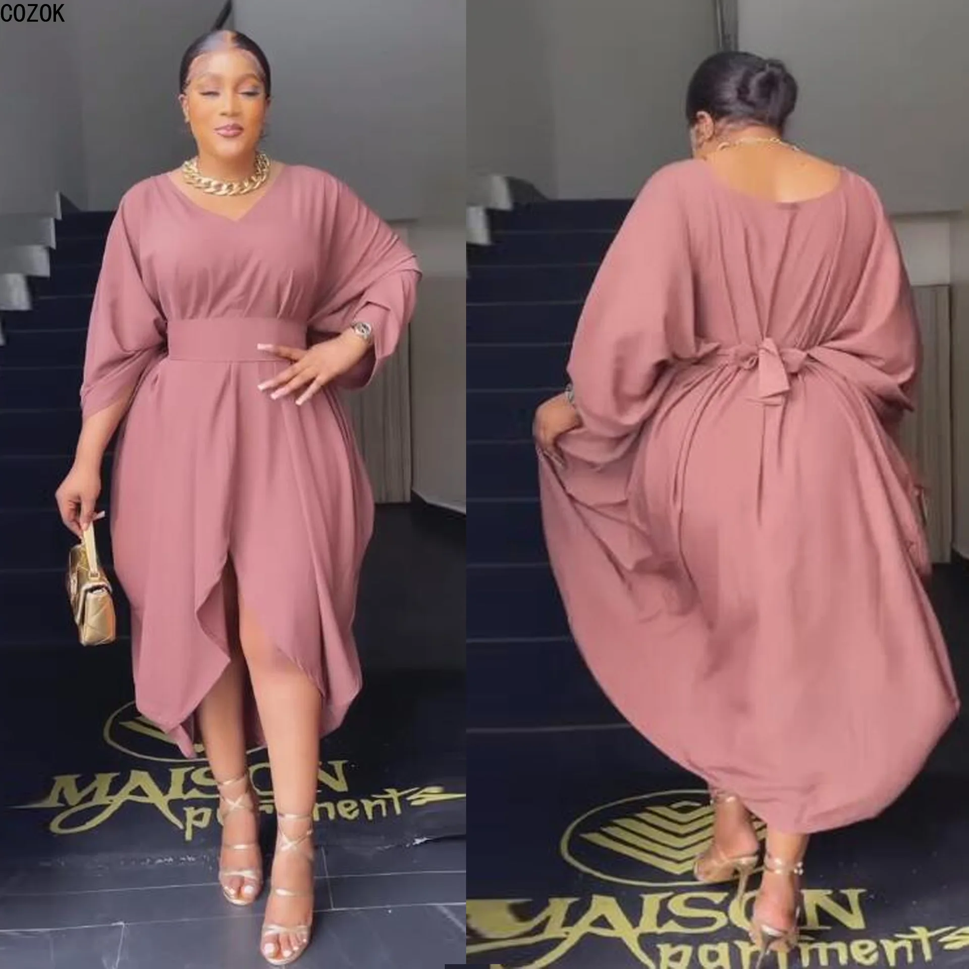 

Autumn Winter Loose Waist Strap Deep V Sexy Bat Sleeve Women's Dress 2023 Ins Tiktok Long Leisure Dress For Women