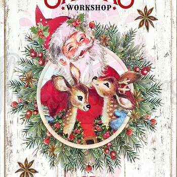 Santas Workshop Sign Retro Santa Sign Retro Christmas Wreath Funny Christmas Metal Tin Sign Decor Iron Painting Wall