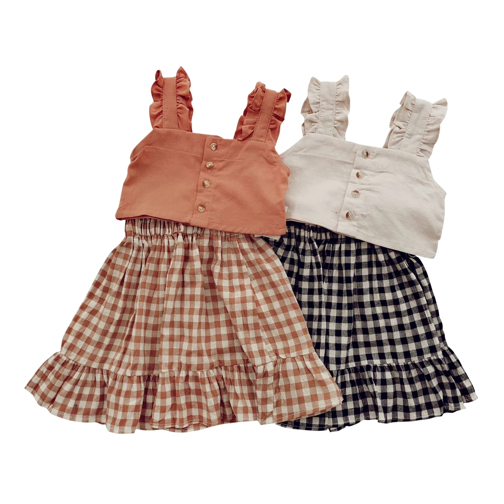 

Summer Kids Girl Clothing Set Sleeveless Folds Vest With Plaid Pattern Skirt New Fashion Children Clothes Suit 2pcs Outfits