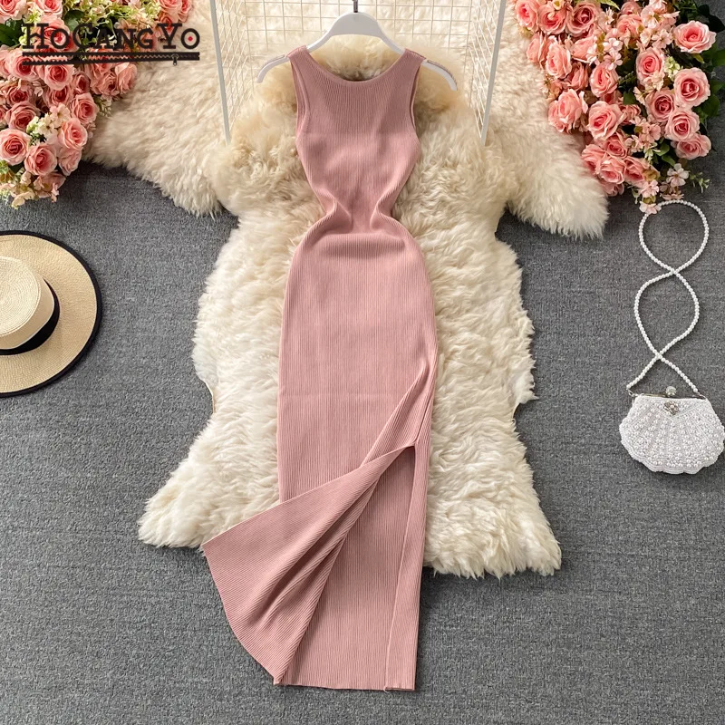 

2022 Elegant Summer Hollow Out Twisted Back Sleeveless High Slit Sexy Women Knitted Dress Solid Color Feminine Mid-calf Dress