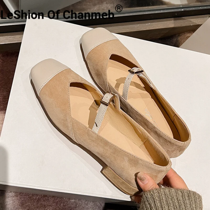 

LeShion Of Chanmeb Sheep Suede Mary Janes Pumps Women Buckle Mix Color Square Toe Single Shoes Lady Preppy Daily Spring Footwear