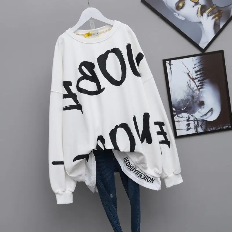 Letter Print Crewneck Sweatshirt Women Spring Autumn Coat Oversized Hoodies Fashion Korean Style Kpop Long Sleeve Tops 4XL |