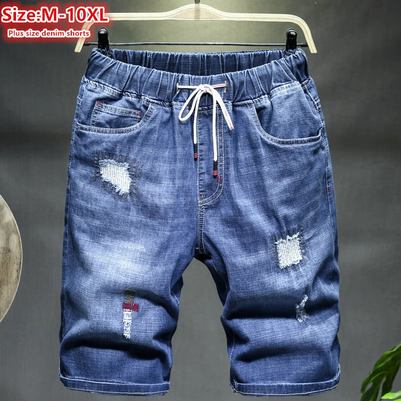 

Mens Ripped Denim Shorts 150KG Plus Size 10XL 9XL 8XL 7XL Black Holes Distressed Jeans Loose Stretched Summer Half Trousers