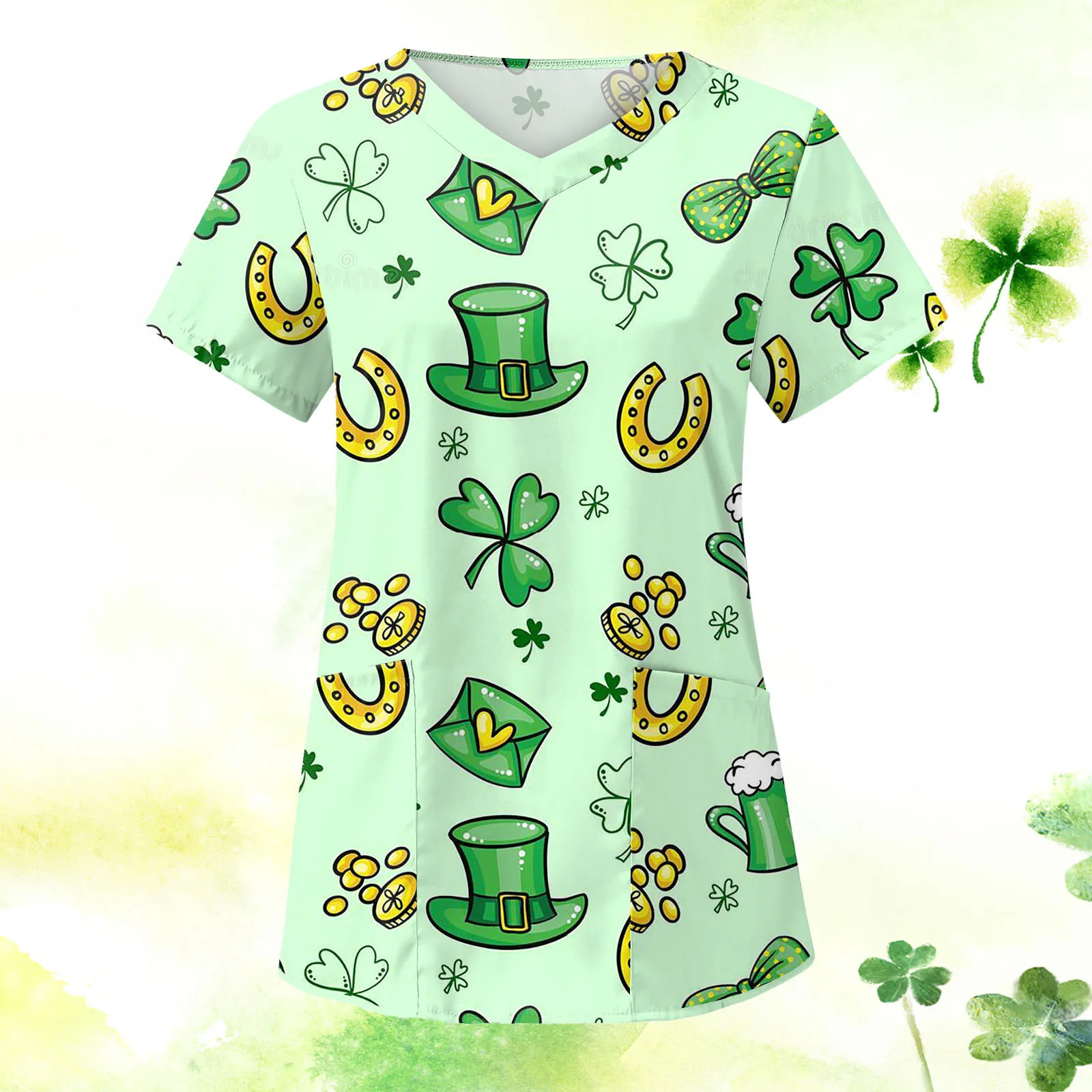 

Women Short Sleeve V Neck Shirt Butterfly Print Top Beauty Salon Uniform Medicals Hospital Nurse Working Blouse Scrubs Costume