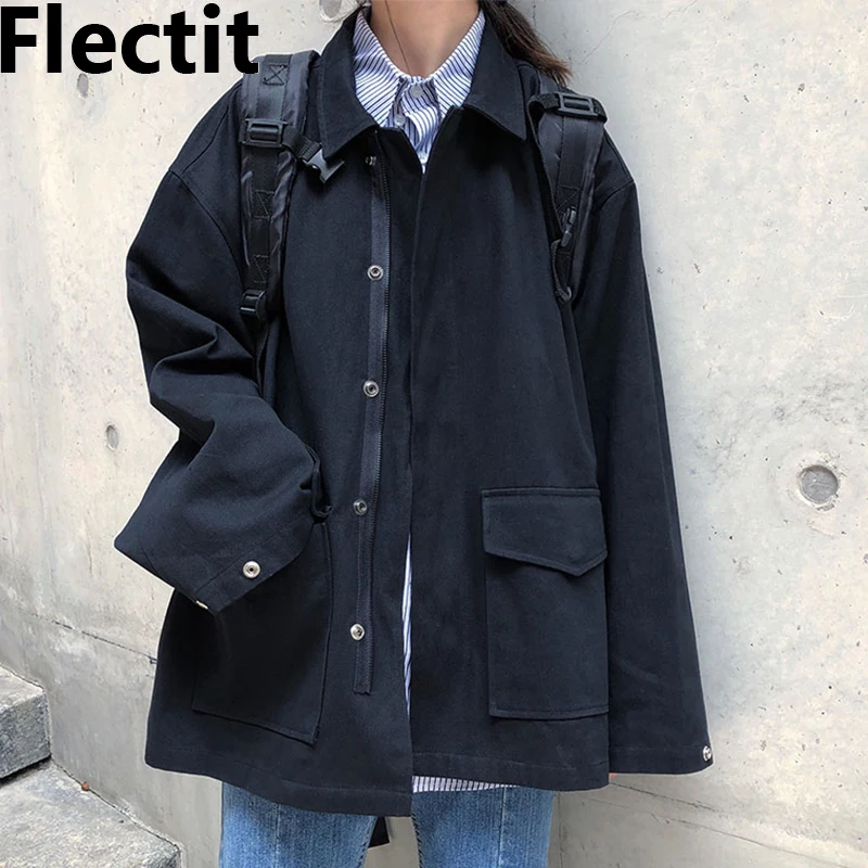 

Flectit Women Windbreaker Jacket Oversized Lightweight Cargo Jacket Coat Flap Pocket Button Up Casual Outerwear