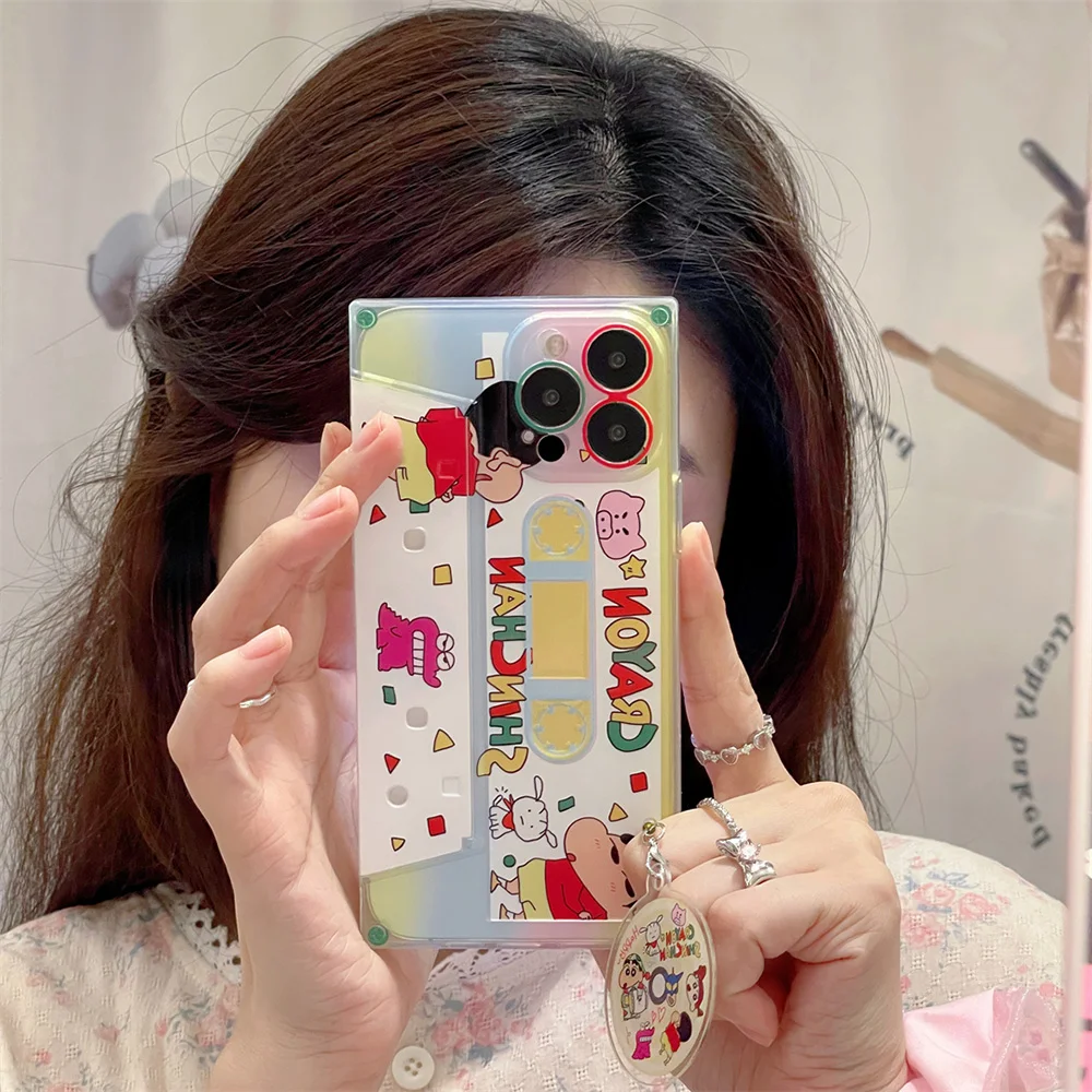 

Anime Crayons Shin-chans Tape CD Invisible Bracket with Pendant Phone Case for IPhone 14 13 12 11 Pro Max Plus Back Cover Gift