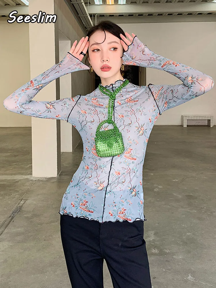 

Seeslim Y2k Mesh Crop Women 2022 Summer Floral Turtleneck Designer Graphic T-shirt Slim Tye Die Tee Tops Korean Style Tops