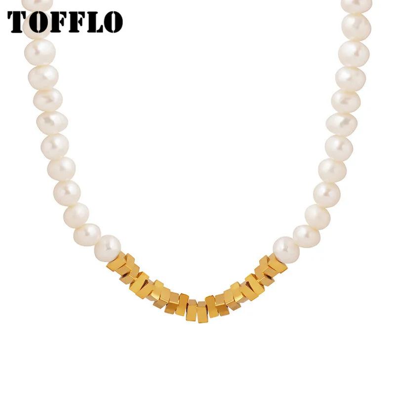

TOFFLO Stainless Steel Jewelry Triangle Pendant With Freshwater Pearl Necklace Women's Elegant Collarbone Chain BSP1405