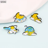 xedz cartoon fun enamel brooch custom yellow moon blue planet lapel badge cowboy hat fashion jewelry gift for friends