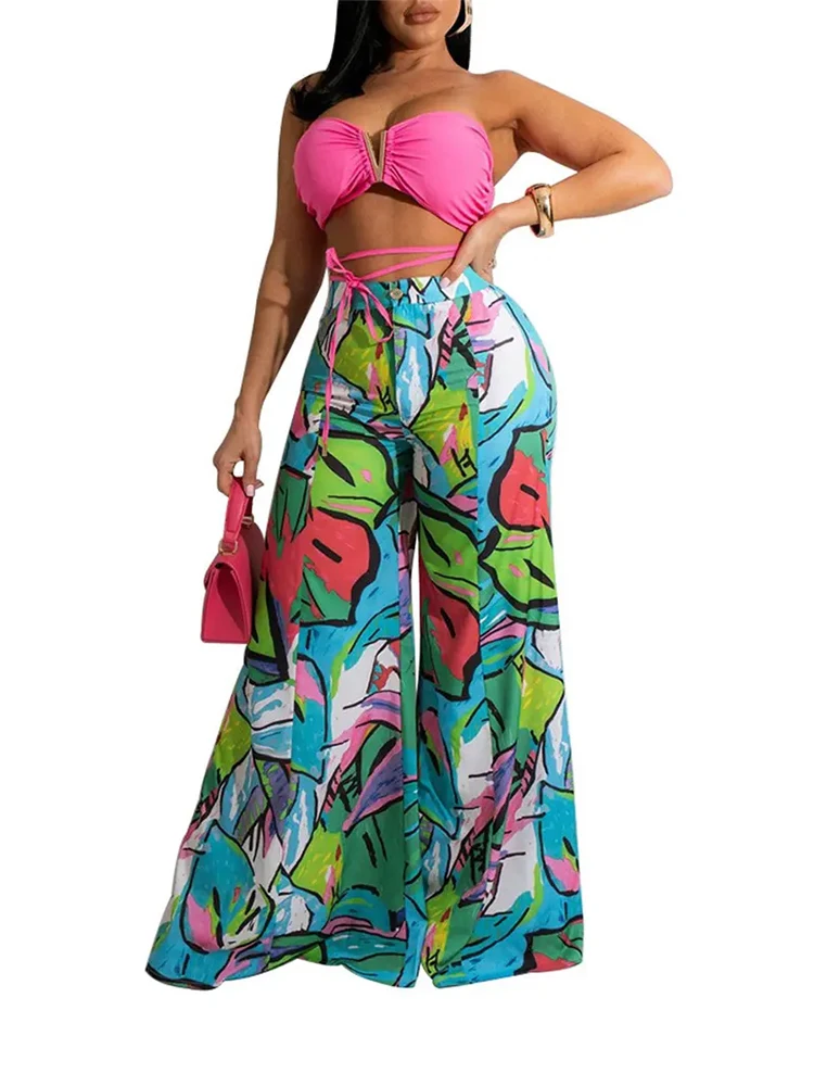 

Shein Romwe 2022 Set Of Two Fashion Pieces For Women Bandeau Crop Top & Abstract Print Wide Leg Pants Set Urban Pants Set