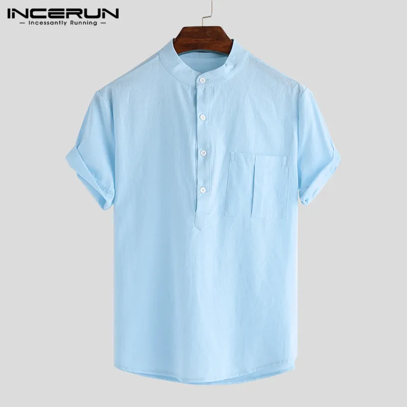 

INCERUN Casual Simple Style Tops Handsome New Men O-Neck Shirts Fashion Holiday Hot Sale Male Loose Short-sleeved Blouse S-5XL