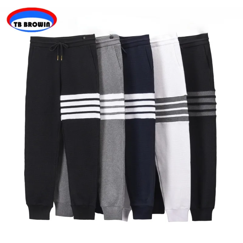 

TB BROWIN Thom Waffle Trousers Spring Autumn Fashion Drawstring Front Y2K Casual Four Bar Stripes Sports Jogging Men Sweatpants
