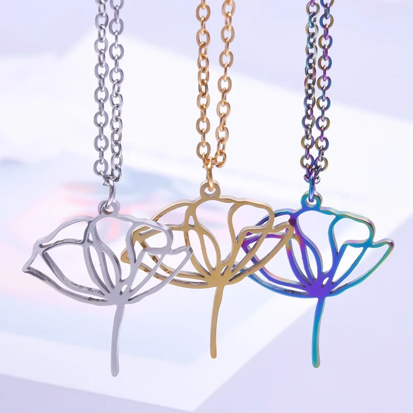 

1pc Golden Lotus Flower Shaped Pendant Necklace For Women Yoga Prayer Buddhism Geometry Stainless Steel Jewelry Fashion Charm