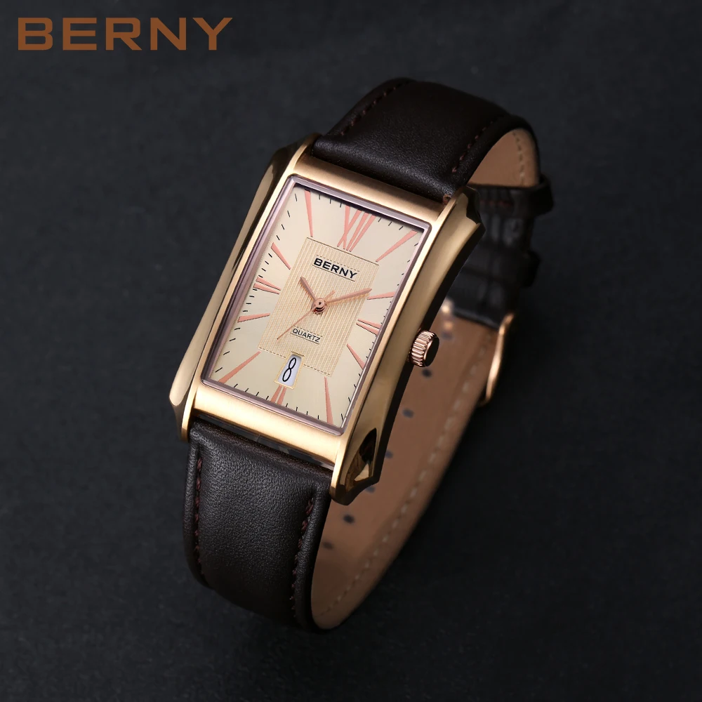 BERNY Men Quartz Watch SEIKO  VJ42A Japan Movement Rectangle Wristwatch Waterproof Business Dress Top Brand Luxury Watch for Men
