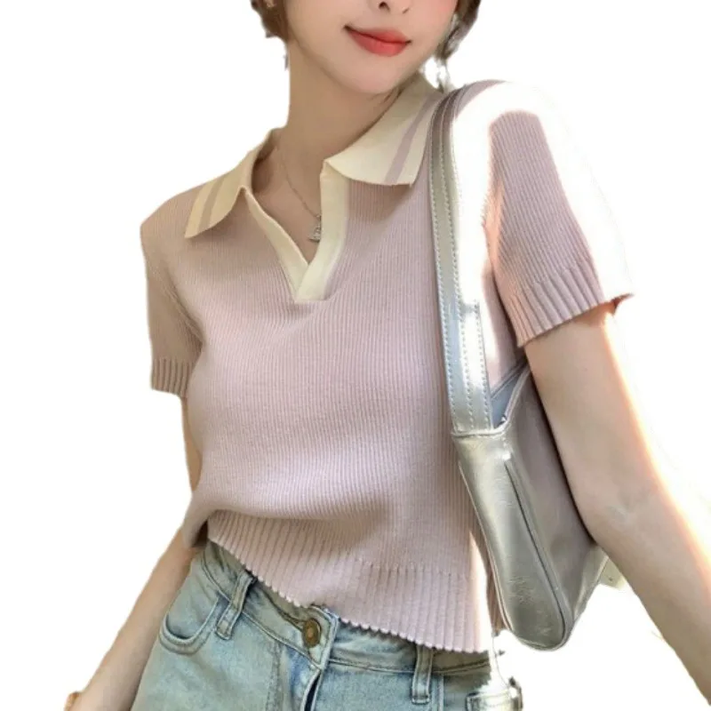 Женская летняя вязаная футболка из вискозы футболки с отложным воротником и