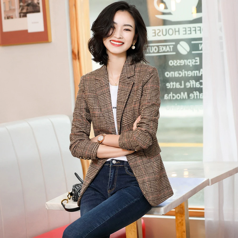 Women Plaid Blazers Female Outerwear Casual Coat Work Office Lady Elegant Brown Gray Jackets Clothing