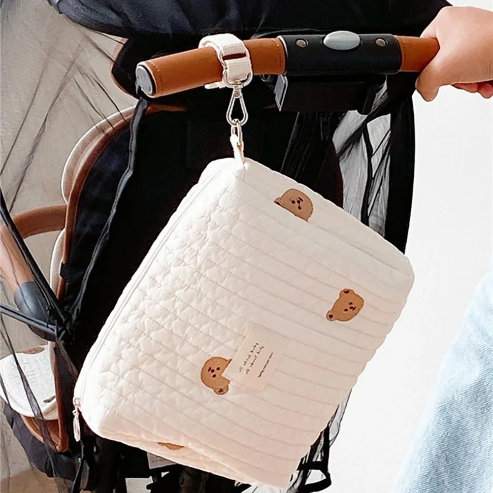 

Cotton Mom Bag Organizer Cute Bear Embroidery Mommy Single Bag Quilted Stroller Diaper Storage Organizer Baby Diaper Bag