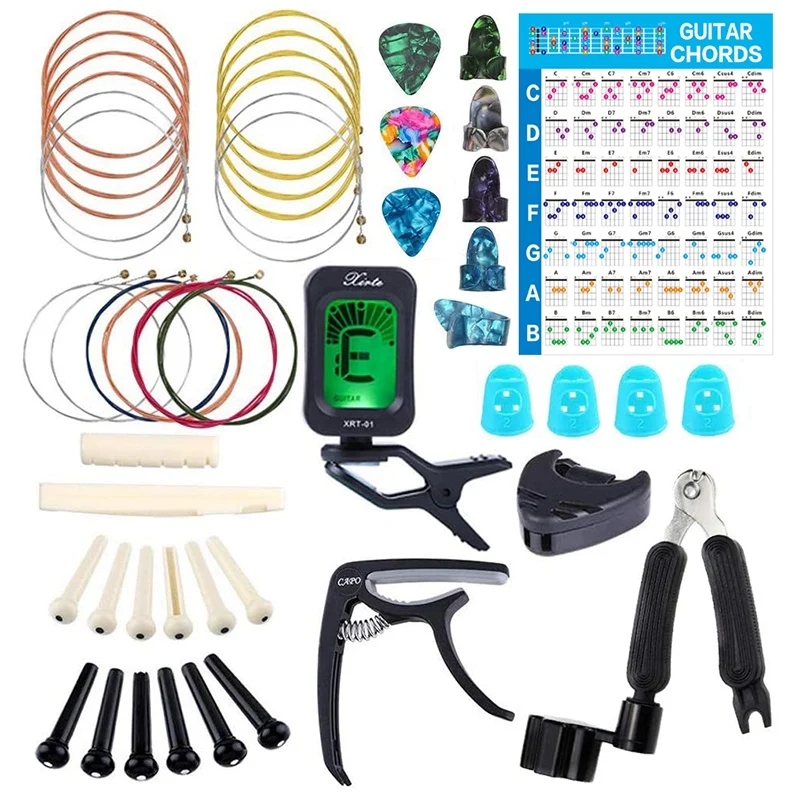 

Guitar Tool Changing Kit Strings Picks Capo Pick Holder Tuner Bridge Pins Thumb Finger Picks Accessories Kit Storage Bag