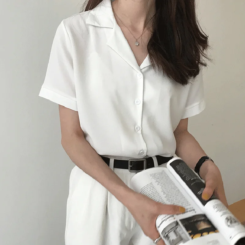

2023 Summer Blouse Shirt for Women Fashion Short Sleeve V Neck Casual Office Lady White Black Blouses Tops Japan Style