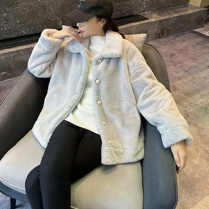 

Thicken Warm Faux Lamb Wool Coat Women 2023 Autumn Winter Loose Long Sleeve Outerwear Woman Turn Down Collar Solid Parkas Female
