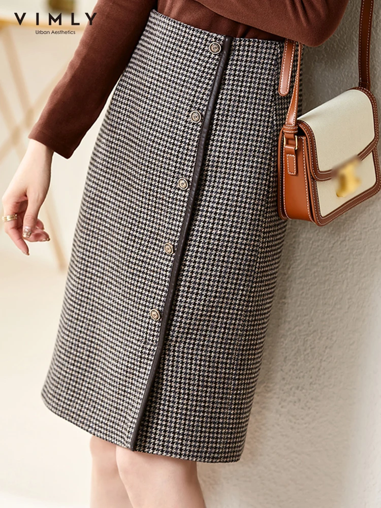 

Vimly Women's Skirt Winter Elegant Split Midi Long Office Lady A-Line Button New Slim Plaid Split Lady Autumn Casual Skirt V6930