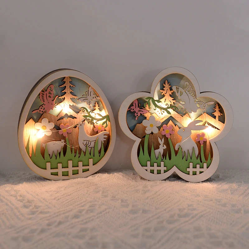 

Easter LED Wooden Ornament Lamp 3D Creative Bunny Flower Egg-shaped Easter Desktop Night Light Decoration Home Party Craft Gifts