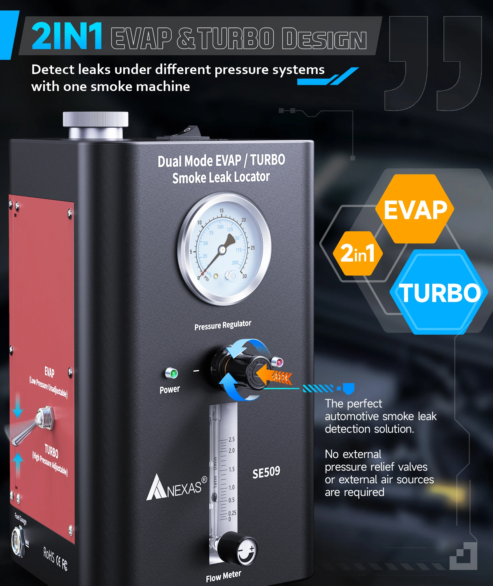 Автомобильный детектор утечки дыма NEXAS SE509 DUAL MODE EVAP TURBO со встроенным 2 воздушными