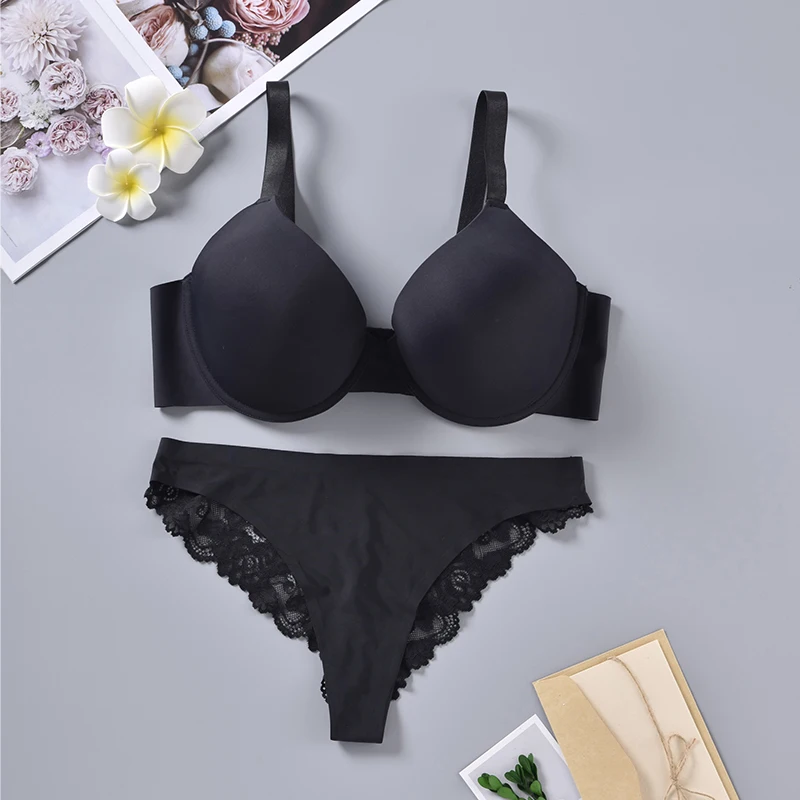 

Plus Size 1XL-4XL Women Black Sexy Lace Bra and Brief Sets Adjustable Straps Three Hook-and-eye Bra Summer Cool Ice Silk Panties