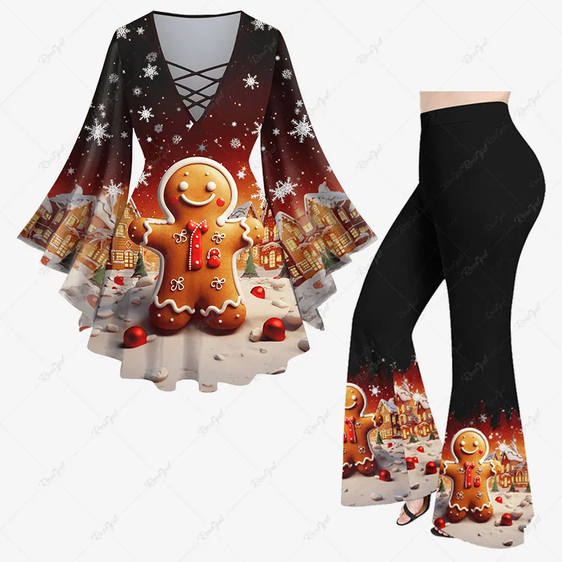 

New Women's Christmas Tree Ball Snowflake Gingerbread House Colorblock Print Flare Sleeve Top Or Flare Pants Casual Matching Set