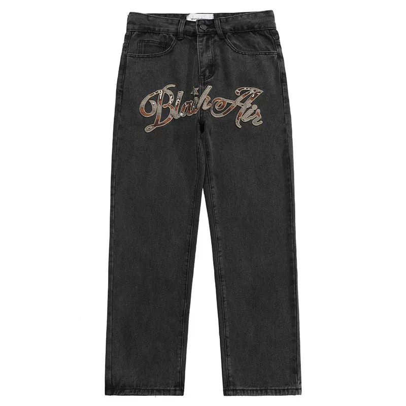 Y2k Mens Jeans European American Patch Letter Embroidered Baggy Pants Women Streetwear Oversized Straight Leg Loose Trousers