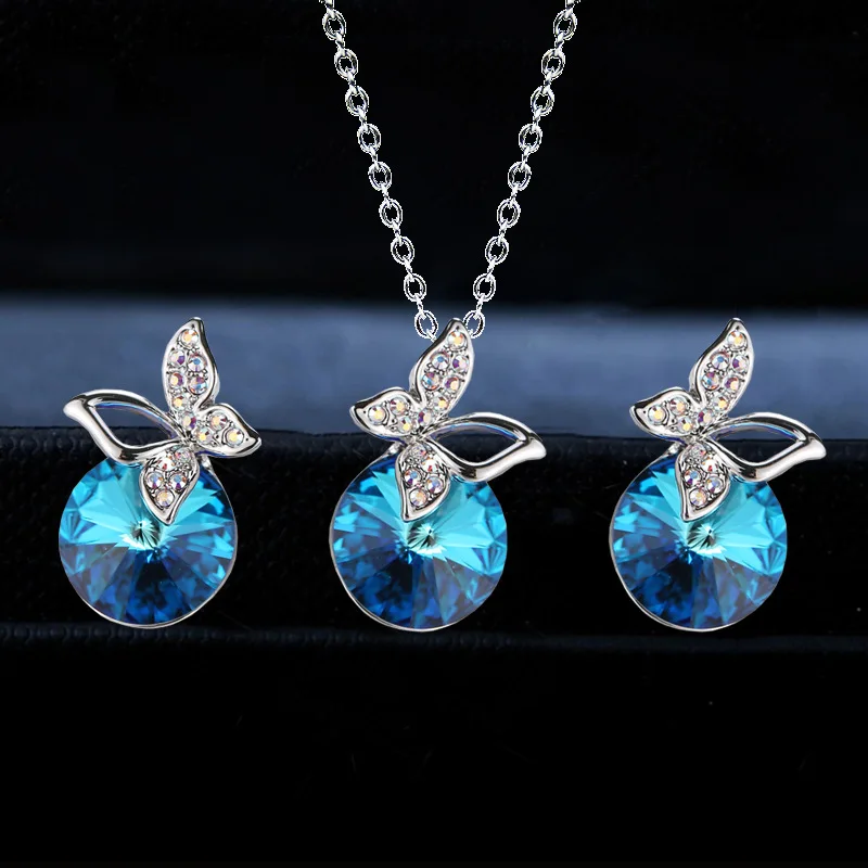 

чокер цепочка на шею женская бижутерия подвеска Женский изысканный модный очаровательный комплект из ожерелья и серег-бабочек с синими кри...